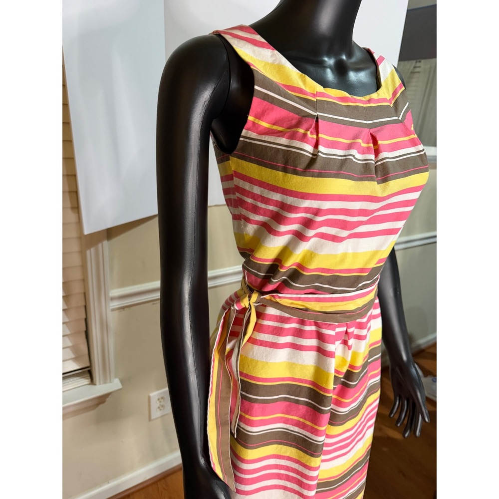 Isabella DeMarco Tahari Levine Pink Yellow Striped Belted Sheath Dress Size 2